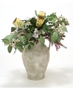 Eucalyptus Pods, Berries, Proteas In White-Washed Water Jar W/ Handles