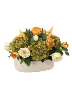 Green Brown Hydrangea with Gold Hydrangea and Cream Roses in Oval Cream Planter