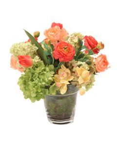Coral Ranunculas Mixed with Green Hydrangeas in Glass Flower Pot