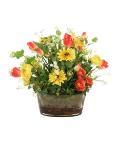 Summer Garden Mix in Yellow, Rose Red and White in Oval Glass