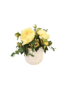 Yellow Peonies with Wax Flowers and Ivy in White Planter