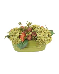 Green Brown Hydrangea with Mixed Fruit in Small Lion Head Planter