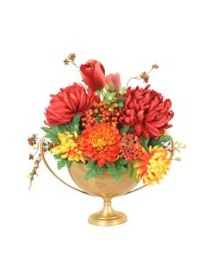 Vibrant Fall Colors with Mums, Tulips in Brass Oval Bowl