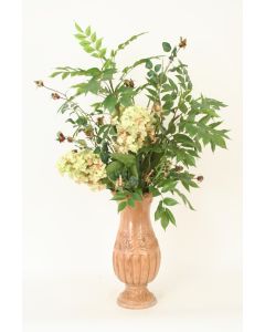 Green Pink Hydrangeas with Rosehip in Terracotta Vase