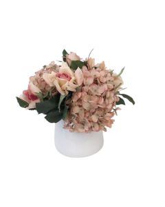 Dusty Pink Roses and Hydrangeas in White Container