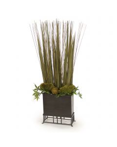 Natural Grass Blades with Maple Branches and Reed and Baxtra and Mushrooms in Wooden Box with Stand