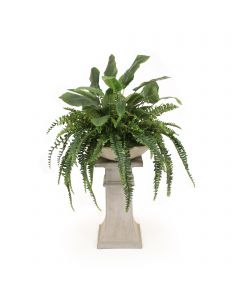 Mixed Greenery with Fern and Bird of Paradise in Bowl with Concrete Pedestal
