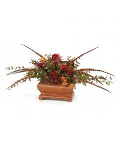Red Dried Hydrangeas with Feathers and Foliage in Brown Wood Chest
