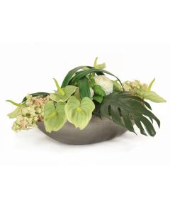 Green Anthuriums, Ranunculus and Hydrangeas in Cosmic Curved Bowl