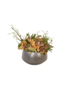 Hydrangea with Phylica,  Brunia and Bird Nest in Green Metal Sosa Bowl