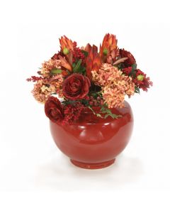 Hydrangeas with Rust Ranunculus and Repens in Red Vase