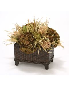 Natural Banksia Proteas with Grass and Hydrangeas in Wicker Basket