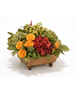 Hydrangeas and Ranunculus Mix in Square Stained Footed Wood Box