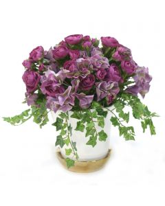 Amethyst Ranunculus and Lavender Hydrangea in White Pot