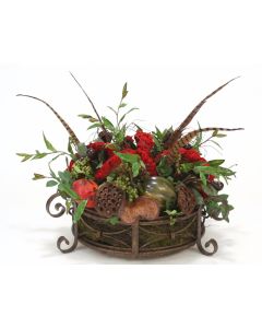 Celosia with Mixed Berries, Fruit and Pods in Round Iron Planter