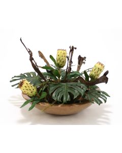 Tropical Foliage with Proteas, Natrag and Pods in Mocha Glazed Bowl