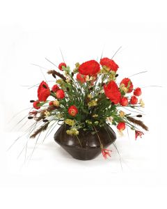 Poppies with Ranunculus and Mixed Grasses in Round Metal Planter