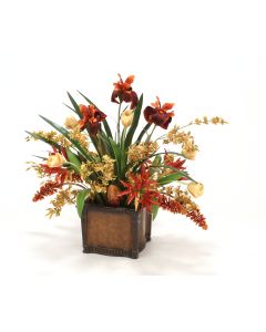 Tulips, Orchids, Irises in Leather-Finish Planter