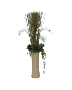 Orchids With Marsh Reeds and Succulents in Nail Head Latte Brown Vase