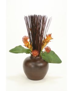 Bird of Paradise Leaves, Cane Reeds in Fat Brown Vase