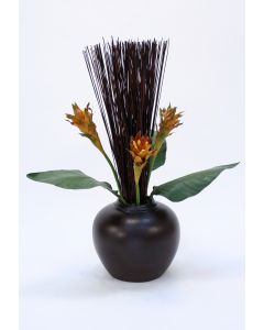 Bird of Paradise Leaves with Cane Reeds in Brown Fat Vase