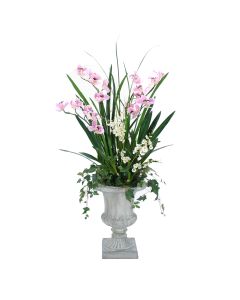 Lavender Orchids with Ivy in Concrete Urn