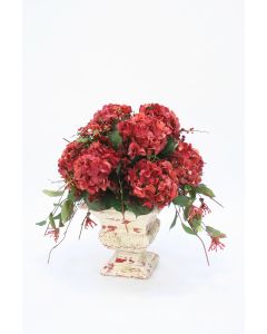 Red Hydrangeas, Curly Vines, Honeysuckle with Preserved in Red/Cream Crackled Urn