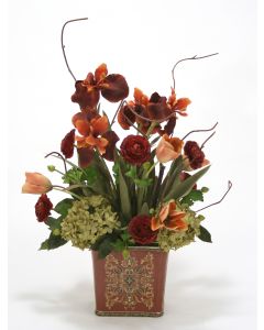 Rust Iris and Ranunculus with Green Hydrangea in Square Porcelain Planter