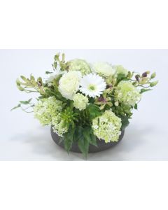 Orchid with Daisies and Snowball Hydrangeas in Low Bowl