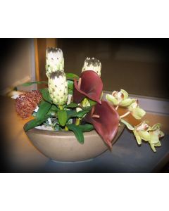 Proteas and Calla Lilies in Oval Ceramic Planter