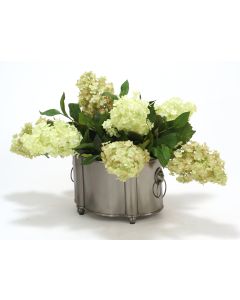 Green and Green-Rose Hydrangeas in Blackened Pewter Finish Planter