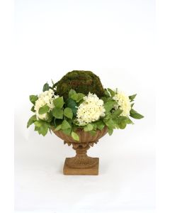 Moss Ball Wreathed By Cream-White Hydrangeas in Low Urn