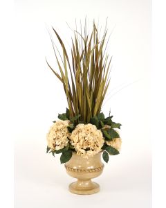 Dried Grasses Wreathed with Hydrangeas in Almond Classic Urn