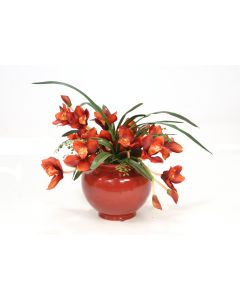Rust Orchids with Maiden Hair Fern in Red Ceramic Planter
