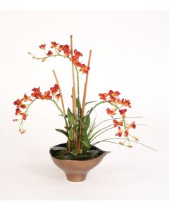 Rust Orchids, Arrorog and Tropical Foliage in Bronze Leaf Bowl