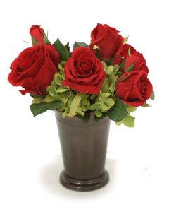 Red Roses and Green Hydrangeas in Bronze Mint Julep Cup