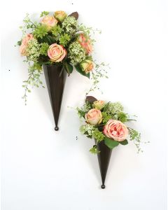 Pink and Green Floral Nosegays in Bronze Metal Cones (Set of 2) -Tabletop Or Wall Hanger