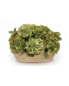 Green & Green Brown Hydrangeas in Ceramic Oval Planter