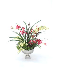 Fuchsia and Green Orchids in Distressed Pewter Hampton Urn