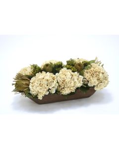 Beige Hydrangeas, Natural Preserved Basil Protea and Brunia in Wooden Tray