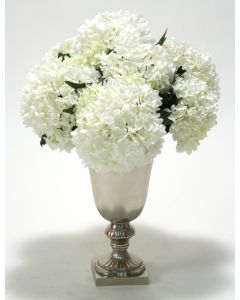 White Hydrangeas in Classic Silver Urn