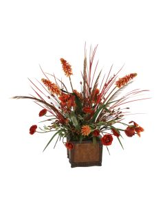Rust Iris, Ranunculus and Red Hot Poker with Dried Grasses in Leather Chateau Planter