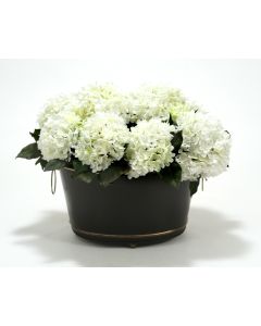 White Hydrangeas, Bay Leaves in Black Oval Tole Planter with Ball Feet