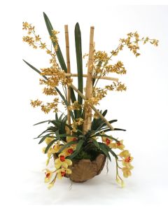 Silk Gold and Green Orchids with Greenery in Leaf Bowl