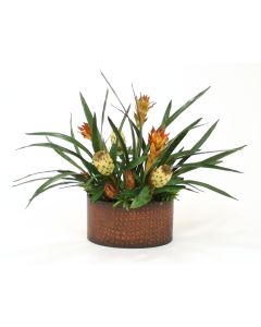 Dried Cream Repens, Tan Proteas, Tropical Foliage in Kidney-Shaped Planter