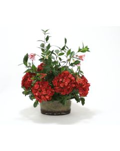 Dark Red Hydrangeas, Foliage in Oval Glass Vase
