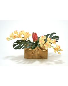 Tropical Mix of Champagne Burgundy Orchids and Protea in A Gold Ritz Vase
