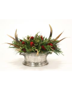 Harvest Centerpiece With Deer Horns and Feathers in Oval Pewter Planter