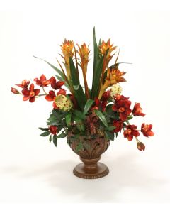 Orchids, Berries, Ranunculus, Protea in Acanthus Leaf Compote