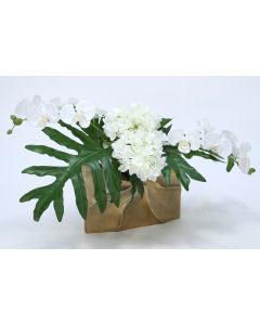 White Orchids and Hydrangeas with Philo Leaves in Gold Ritz Vase